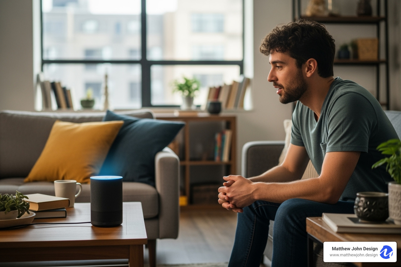 A person speaking into a smart speaker, demonstrating voice search technology and its integration into daily life - seo and content creation for small-medium enterprises A person speaking into a smart speaker, demonstrating voice search technology and its integration into daily life - seo and content creation for small-medium enterprises