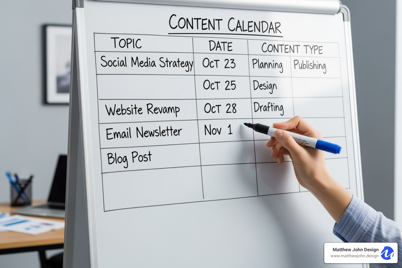 An organized content calendar being planned on a whiteboard, with topics, dates, and content types clearly outlined for a small business's marketing strategy - seo and content creation for small-medium enterprises An organized content calendar being planned on a whiteboard, with topics, dates, and content types clearly outlined for a small business's marketing strategy - seo and content creation for small-medium enterprises