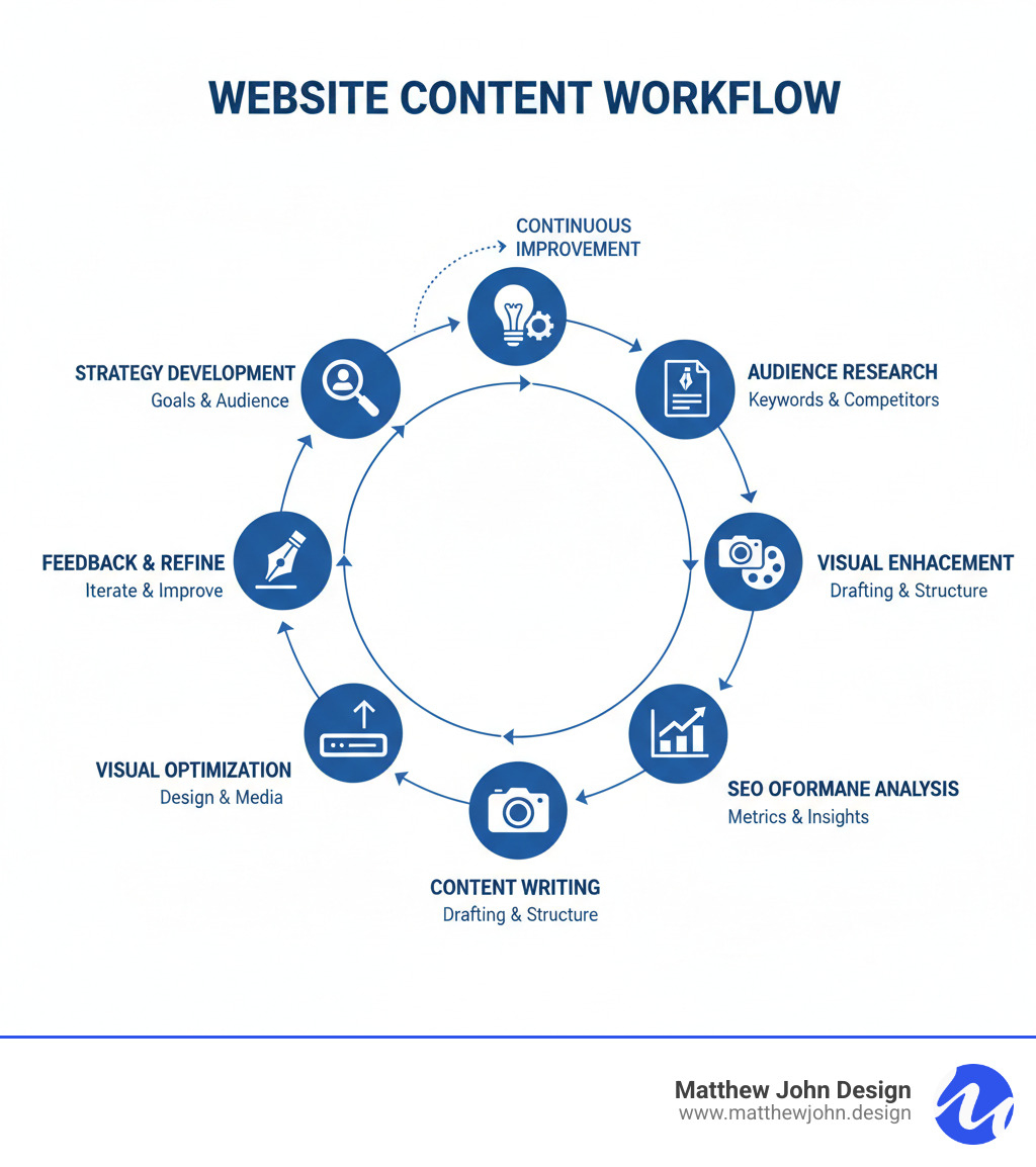 Infographic showing the complete website content creation workflow from initial strategy development through audience research, keyword planning, content writing, visual improvement, SEO optimization, and final performance analysis with feedback loops for continuous improvement - website content creation process infographic  Infographic showing the complete website content creation workflow from initial strategy development through audience research, keyword planning, content writing, visual improvement, SEO optimization, and final performance analysis with feedback loops for continuous improvement - website content creation process infographic