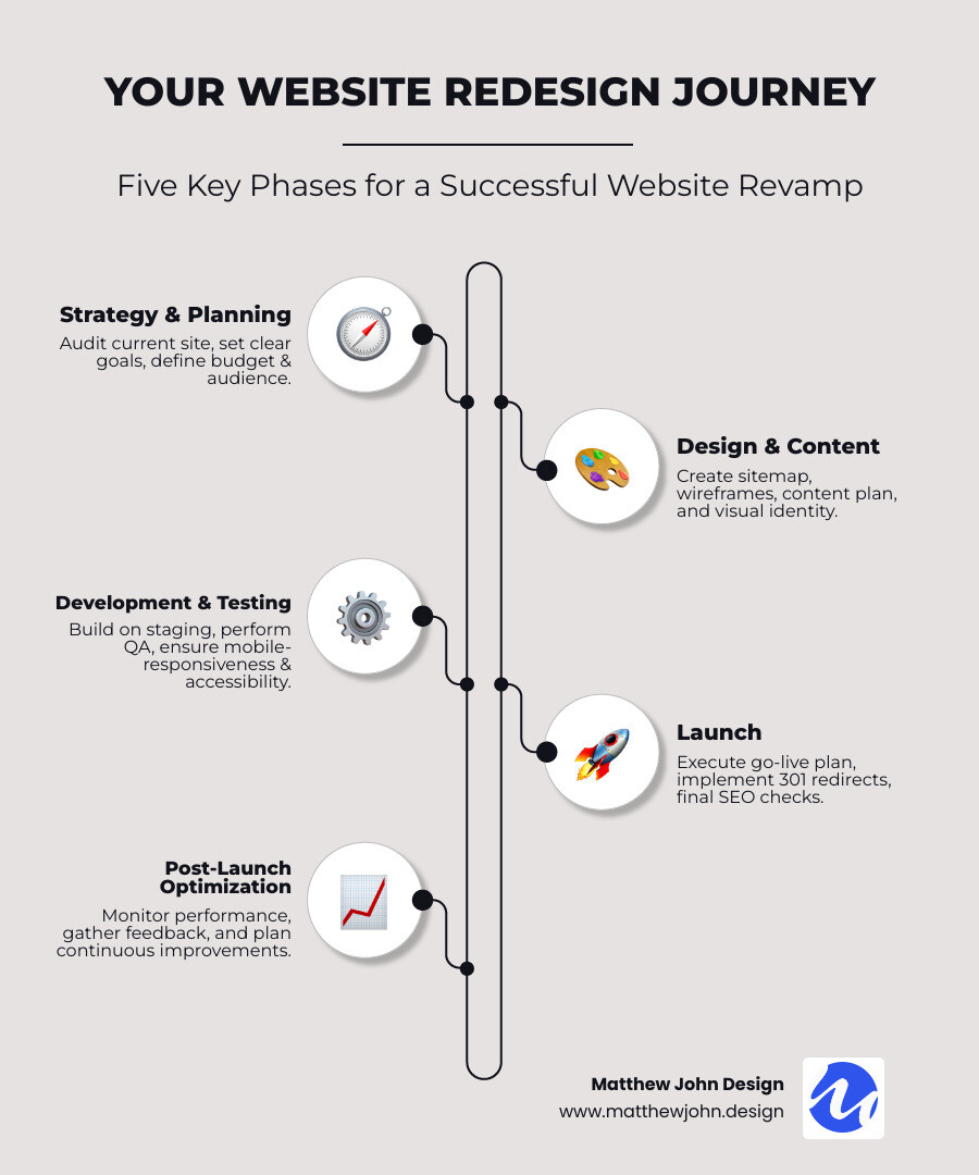 Website redesign process infographic showing five phases: Strategy & Planning with audit and goal-setting icons, Design & Content with wireframe and content strategy symbols, Development & Testing with coding and mobile device icons, Launch with rocket and checklist symbols, and Post-Launch with analytics dashboard and optimization arrows - site redesign checklist infographic infographic-line-5-steps-neat_beige Website redesign process infographic showing five phases: Strategy & Planning with audit and goal-setting icons, Design & Content with wireframe and content strategy symbols, Development & Testing with coding and mobile device icons, Launch with rocket and checklist symbols, and Post-Launch with analytics dashboard and optimization arrows - site redesign checklist infographic infographic-line-5-steps-neat_beige