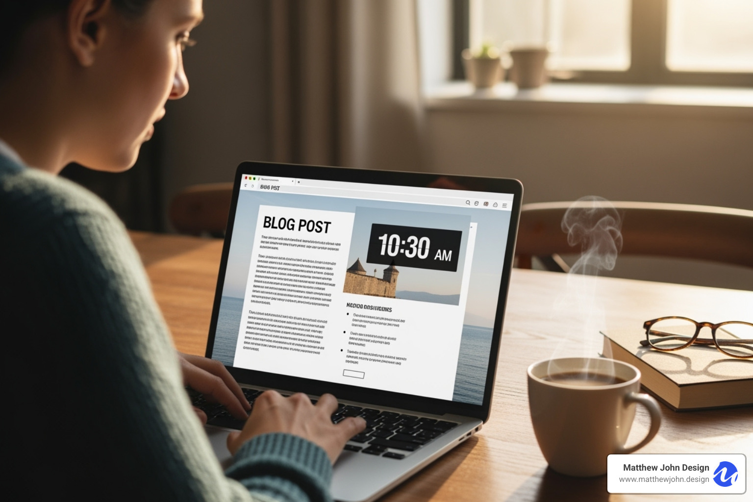 A person reading a well-structured blog post on a laptop, with clear headings, short paragraphs, and bullet points highlighted - search engine optimisation copywriting A person reading a well-structured blog post on a laptop, with clear headings, short paragraphs, and bullet points highlighted - search engine optimisation copywriting