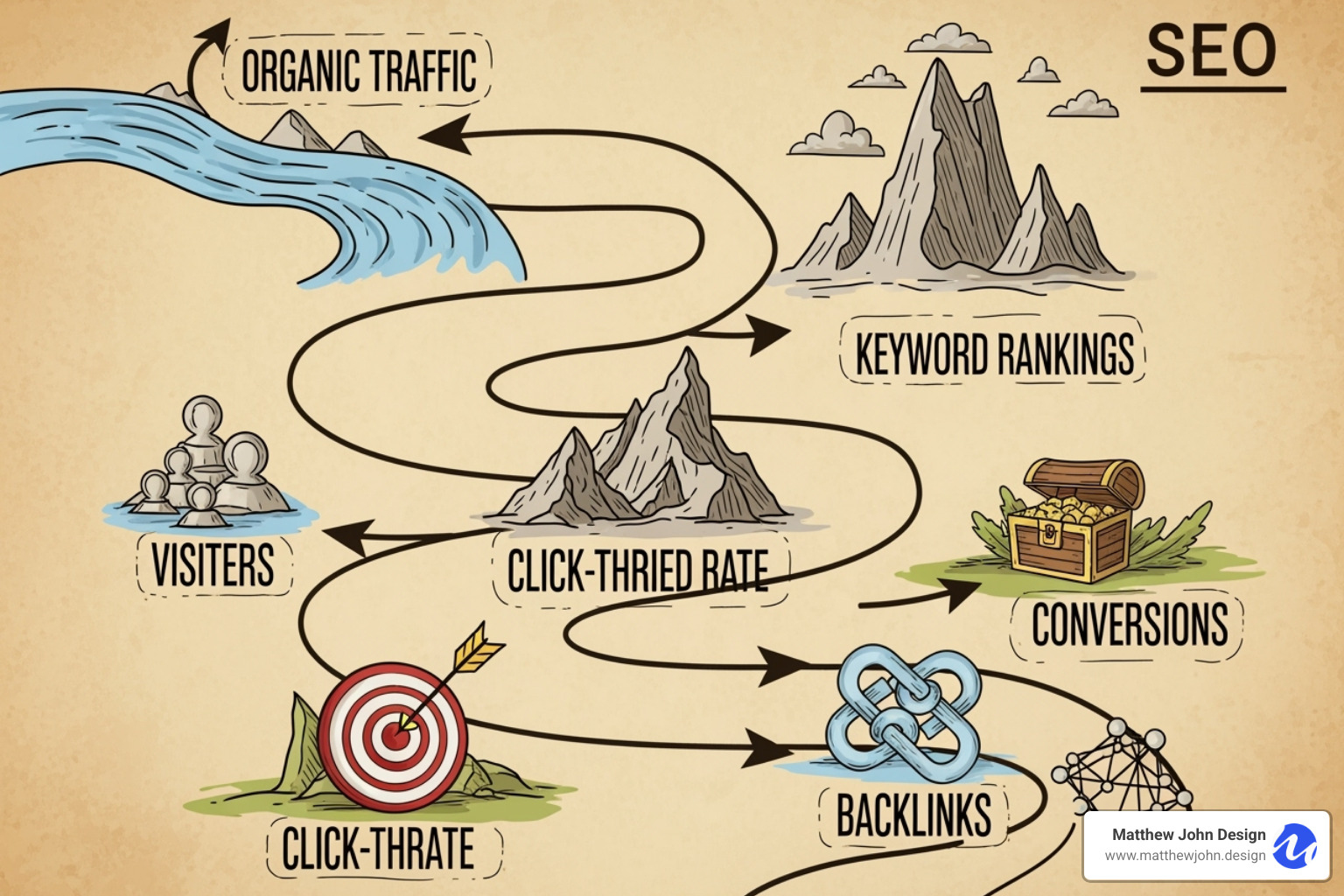 A stylized treasure map with various key metrics like 'Organic Traffic', 'Keyword Rankings', 'CTR', 'Conversions', and 'Backlinks' marked as important landmarks along a winding path - content for SEO A stylized treasure map with various key metrics like 'Organic Traffic', 'Keyword Rankings', 'CTR', 'Conversions', and 'Backlinks' marked as important landmarks along a winding path - content for SEO