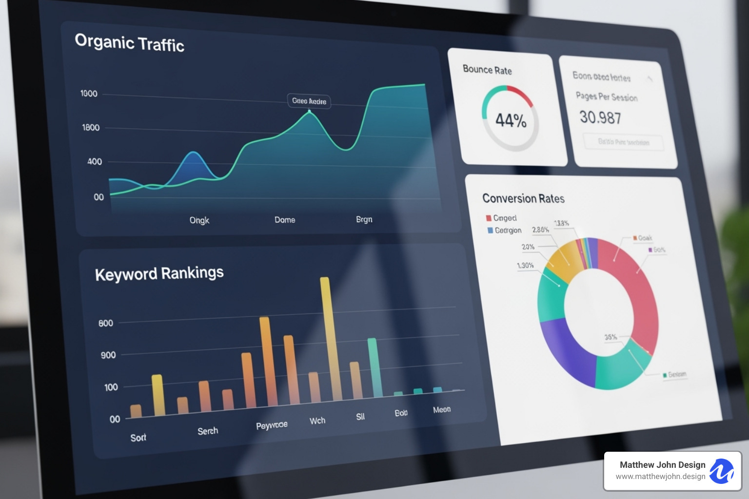 A dashboard with benchmarked SEO metrics like organic traffic, keyword rankings, and conversion rate - website redesign seo checklist