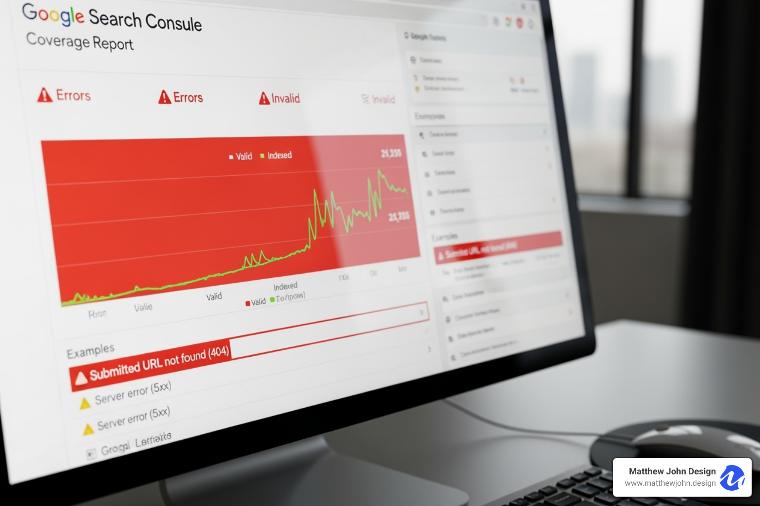 The Google Search Console Coverage report highlighting errors found after a site launch - website redesign seo checklist