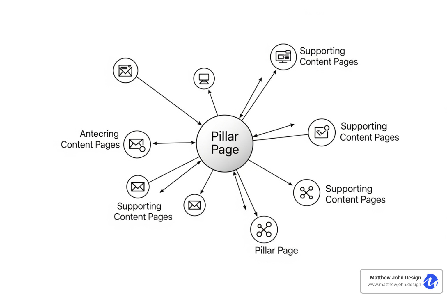 A visual representation of a topic cluster, with a central pillar page surrounded by several supporting content pages, all interconnected with internal links - answer engine optimization best practices