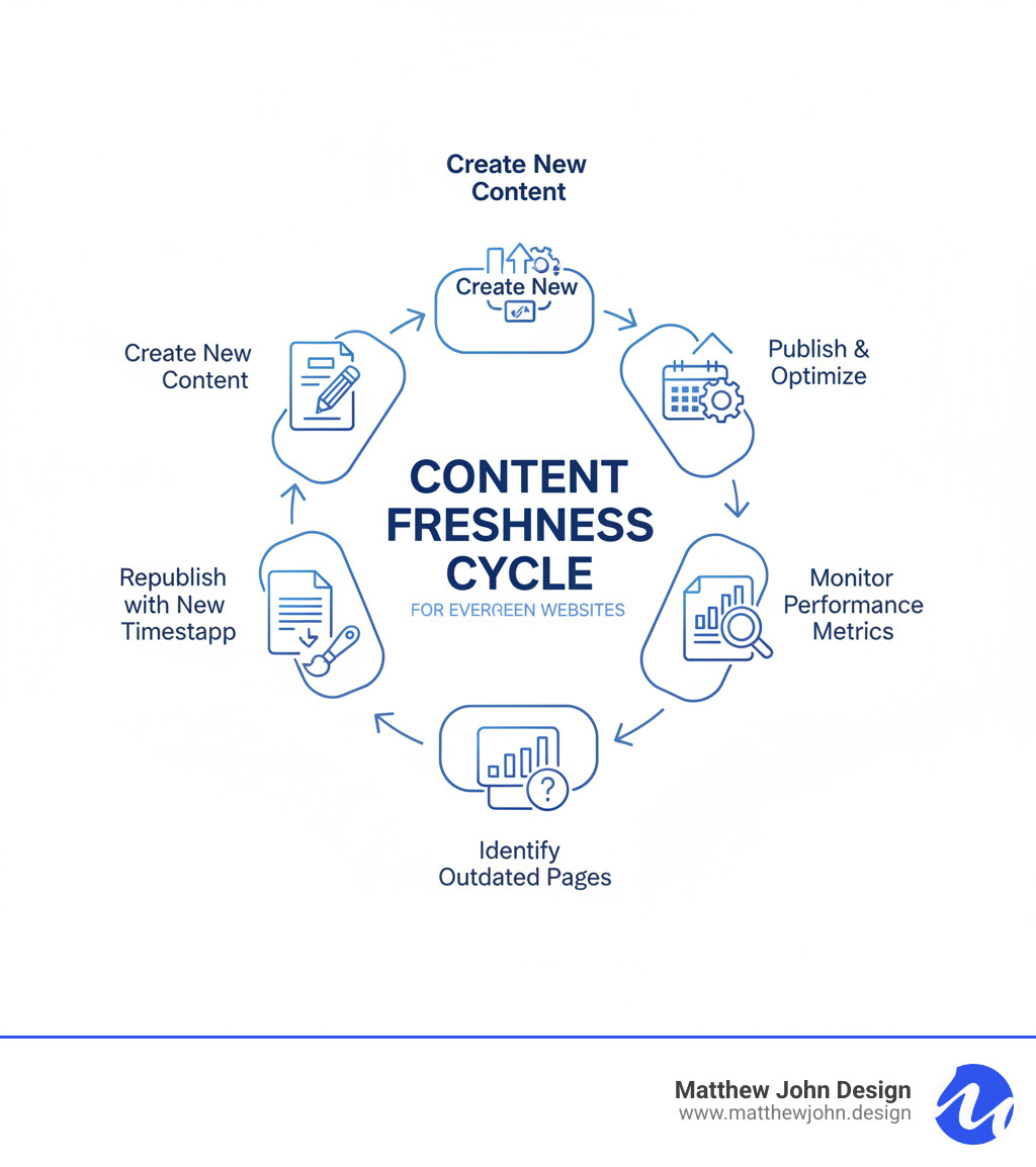 Infographic showing the content freshness cycle: Create new content, Publish and optimize, Monitor performance metrics, Identify outdated pages, Update and refresh, Republish with new timestamp - Fresh website content infographic Infographic showing the content freshness cycle: Create new content, Publish and optimize, Monitor performance metrics, Identify outdated pages, Update and refresh, Republish with new timestamp - Fresh website content infographic