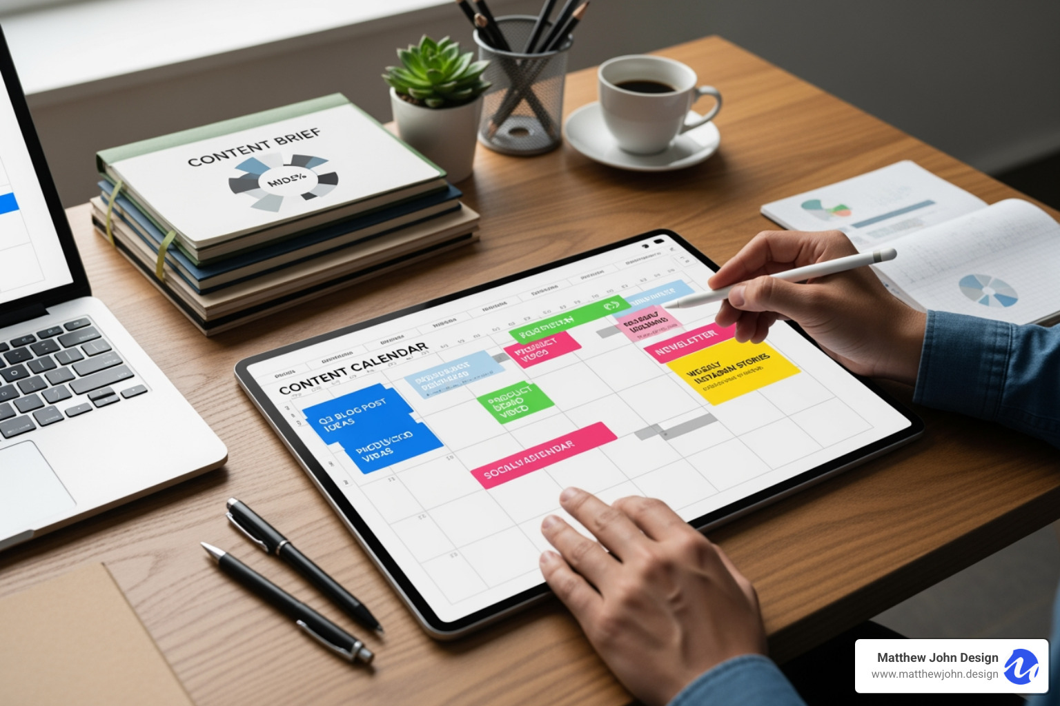 a content calendar being planned with various content types like blogs, videos, and social posts, illustrating a diverse and organized content strategy - Grow online presence a content calendar being planned with various content types like blogs, videos, and social posts, illustrating a diverse and organized content strategy - Grow online presence