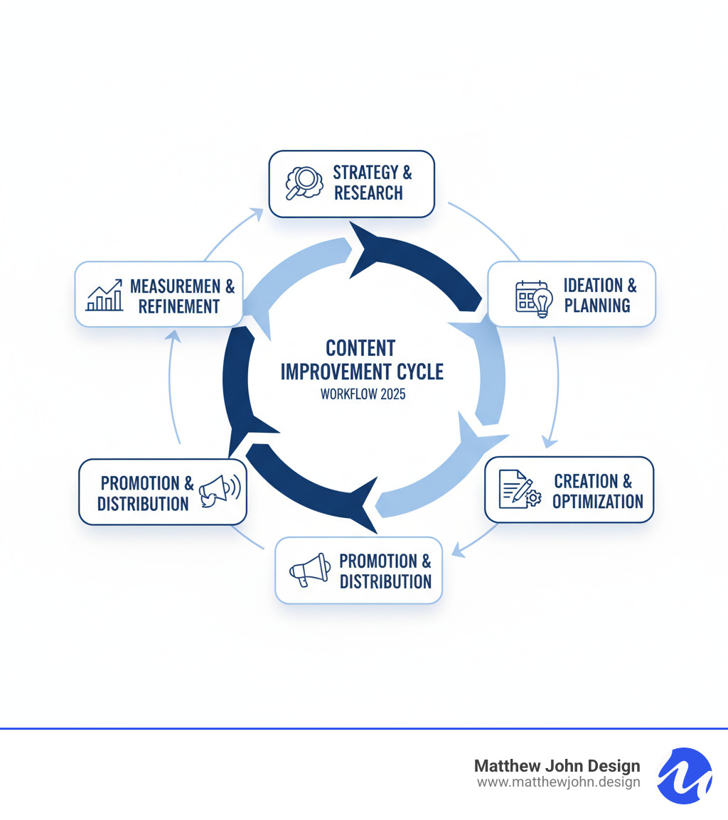 infographic showing the complete content marketing workflow from strategy through ideation, creation, promotion, and measurement, with icons representing each stage and arrows showing the cyclical nature of content improvement - Marketing content creation infographic infographic showing the complete content marketing workflow from strategy through ideation, creation, promotion, and measurement, with icons representing each stage and arrows showing the cyclical nature of content improvement - Marketing content creation infographic