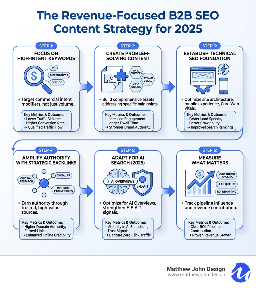 Infographic showing the 6 steps of a revenue-focused B2B SEO content strategy: Step 1 - Focus on High-Intent Keywords That Drive Revenue (targeting commercial intent with modifiers like 'vs', 'alternatives', 'pricing'); Step 2 - Create Problem-Solving Content (building topic clusters, ultimate guides, and case studies); Step 3 - Establish Technical SEO Foundation (site architecture, mobile optimization, Core Web Vitals); Step 4 - Amplify Authority with Strategic Backlinks (original research, digital PR, industry partnerships); Step 5 - Adapt for AI Search (optimize for AI Overviews, strengthen E-E-A-T signals); Step 6 - Measure What Matters (conversion tracking, lead quality metrics, ROI reporting). Each step includes key metrics and expected outcomes. - b2b seo content strategy infographic 