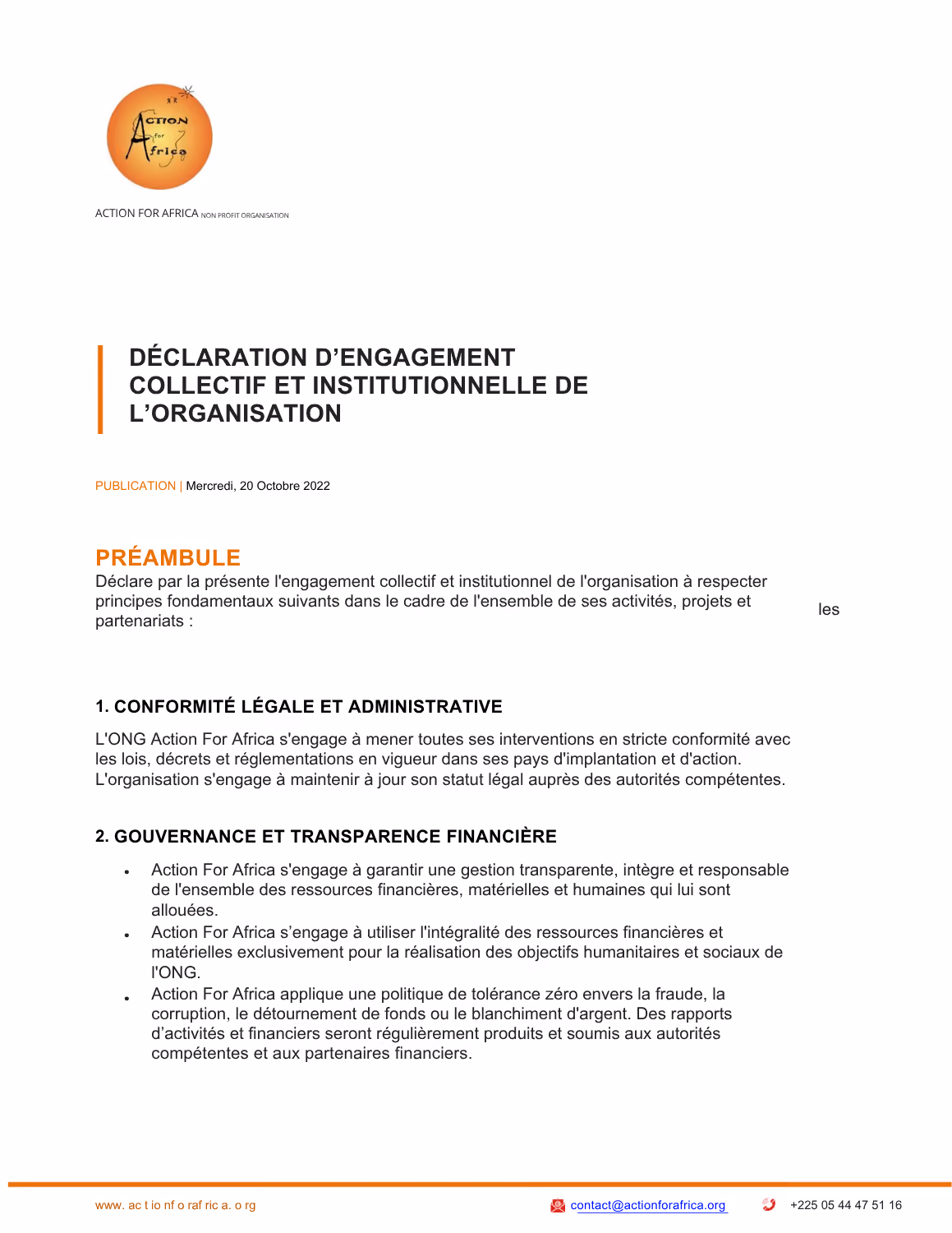 Action For Africa - Déclaration d'engagement