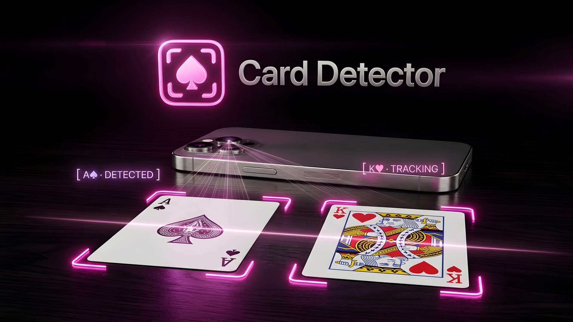 Card Detector reconnaît un as de pique et un roi de cœur posés devant un iPhone