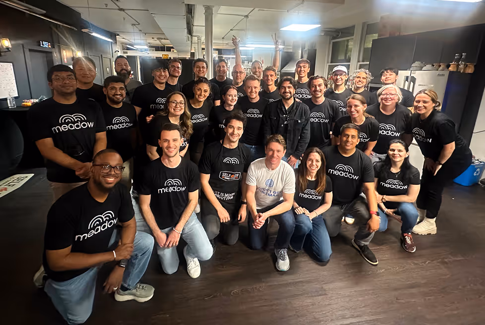 Group of 28 people posing indoors, most wearing black Meadow t-shirts, smiling at the camera.