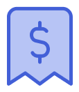 Blue outlined price tag icon with a dollar sign in the center.