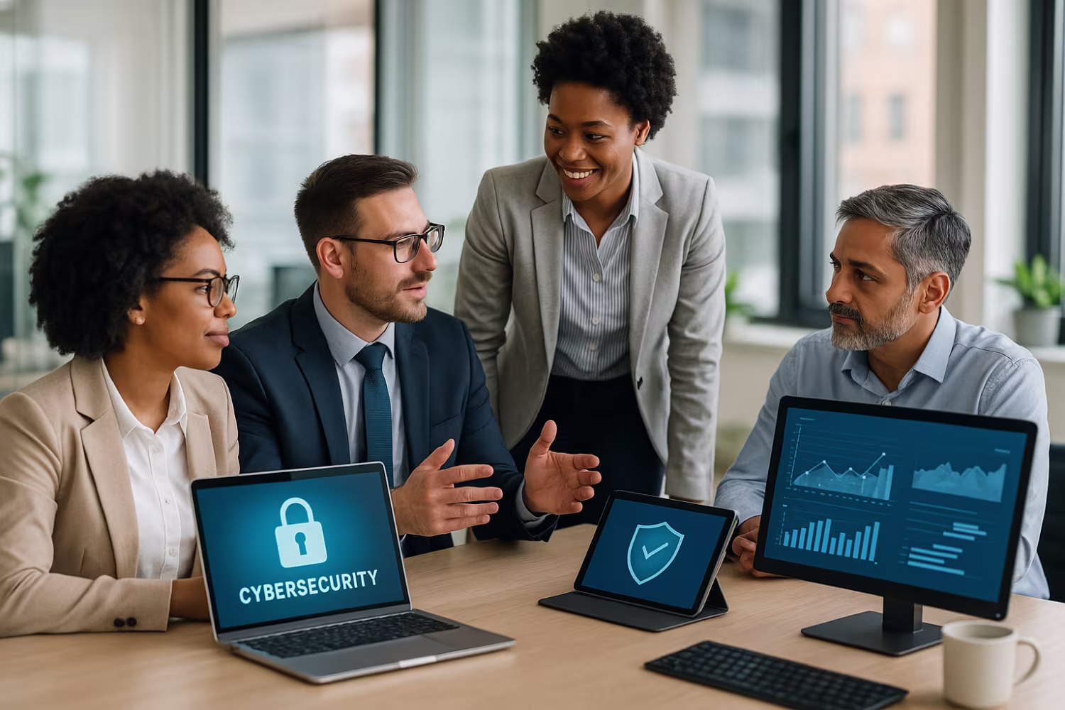 Diverse team discussing IT security policy