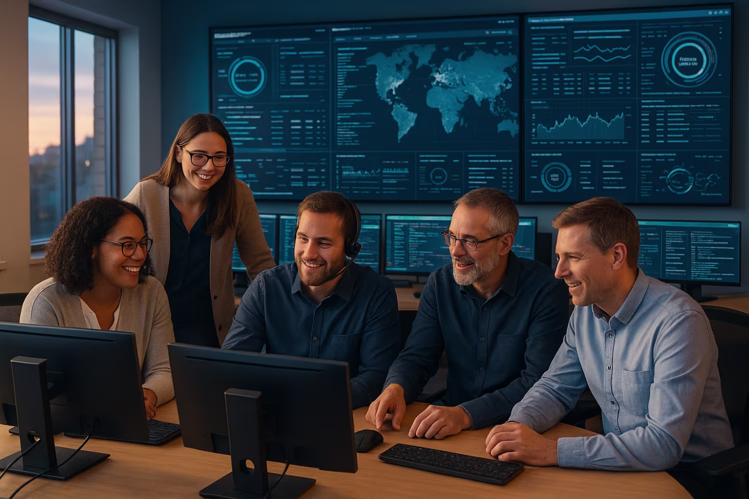 Technicians collaborating on endpoint security management