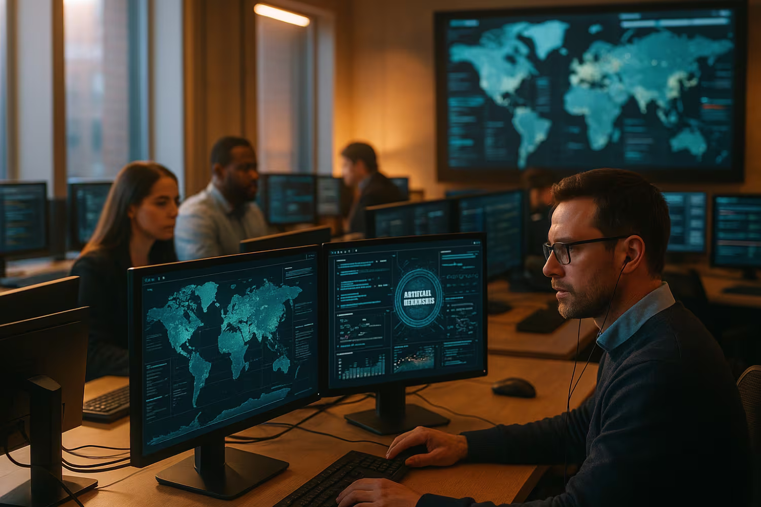 Modern cybersecurity center, AI-driven threat detection