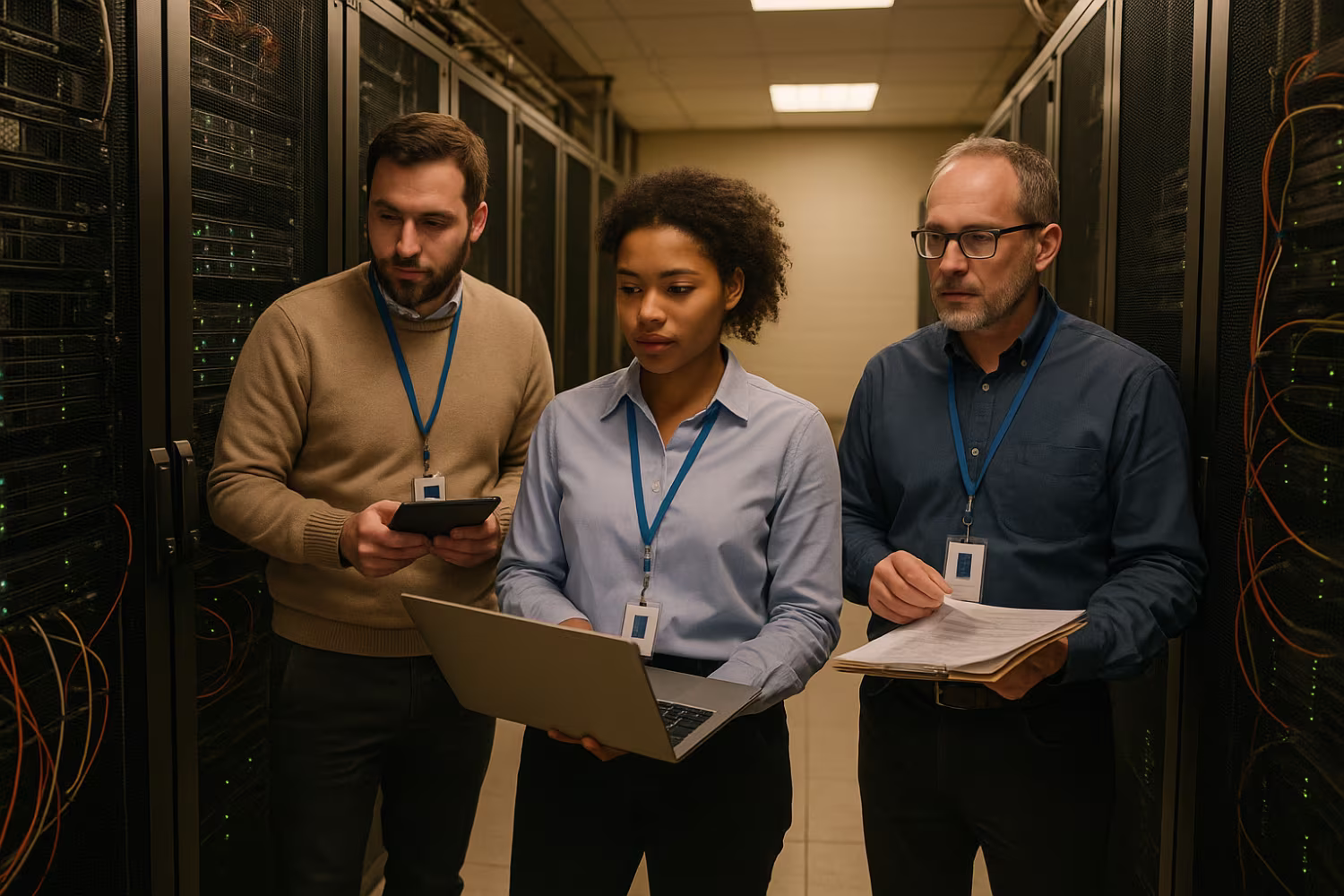 IT professionals auditing server room