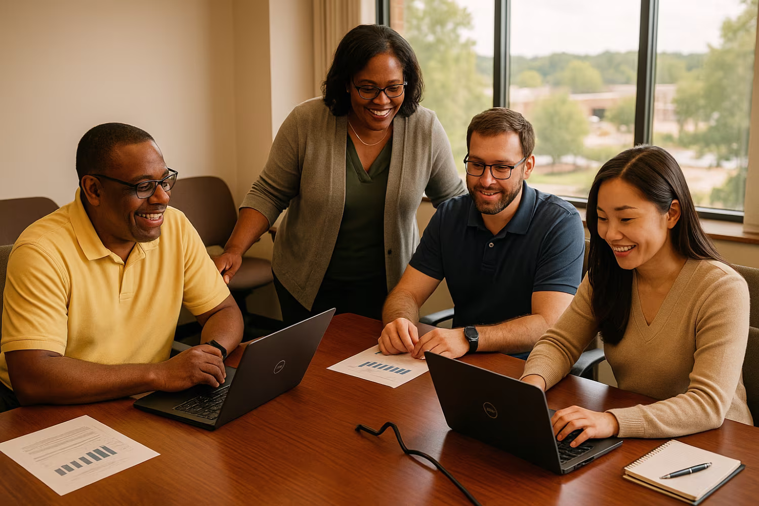 Diverse IT professionals strategizing mid-morning