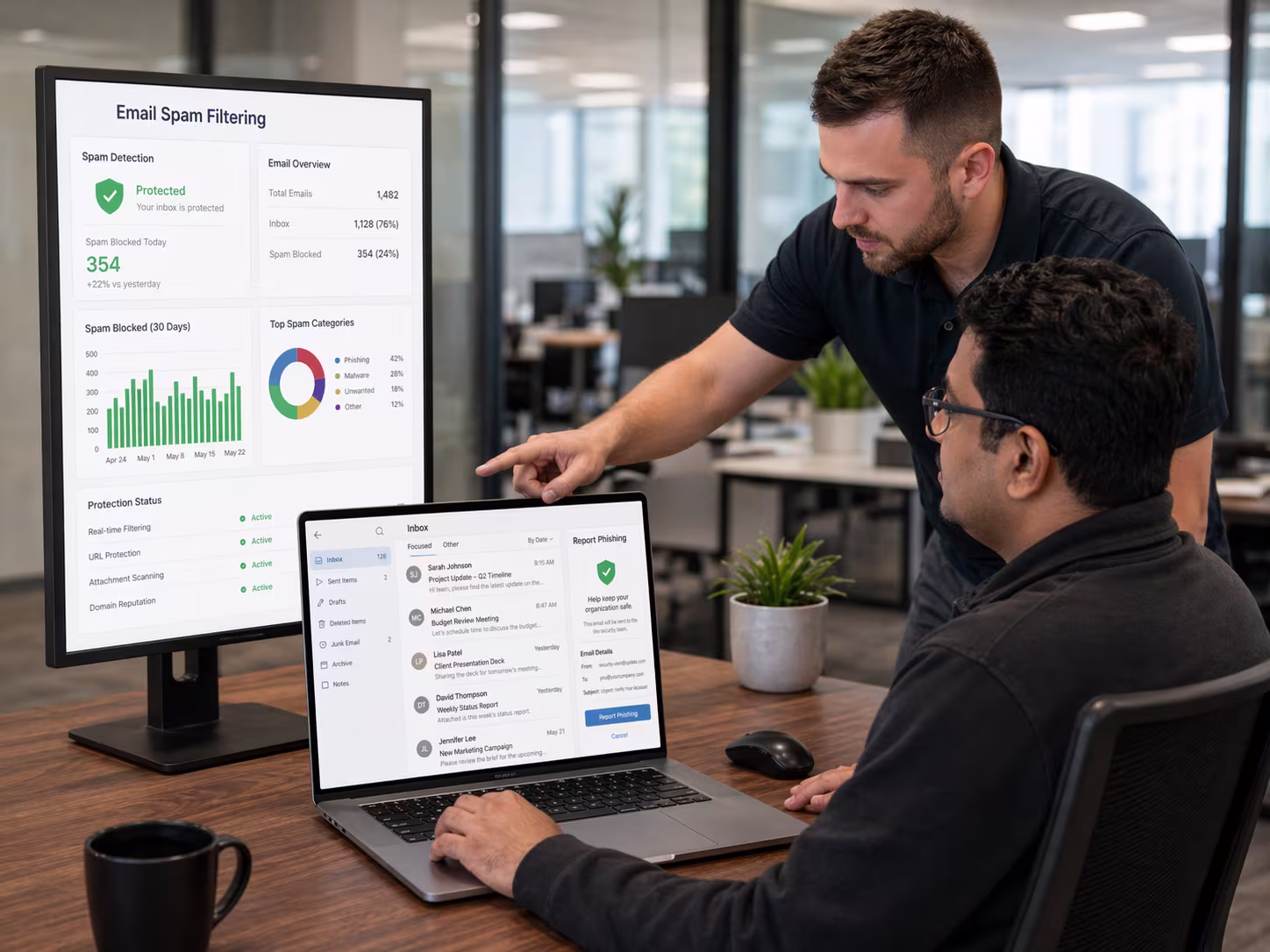 Office worker managing email spam filtering