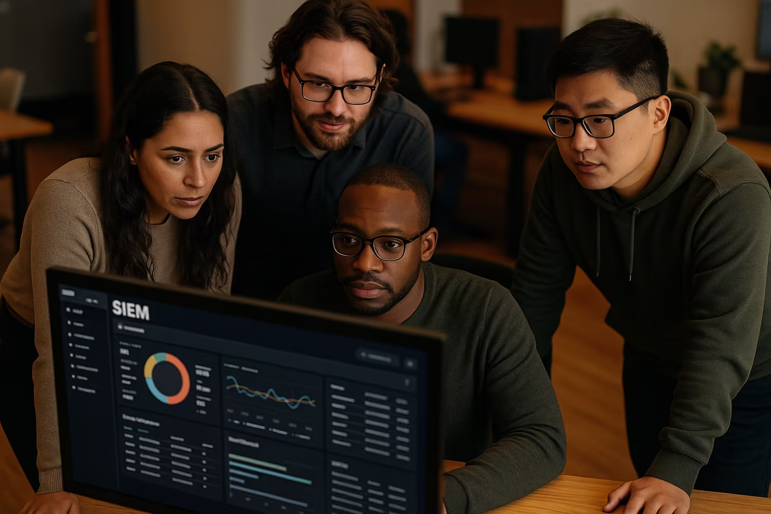 Diverse IT team analyzing SIEM dashboard