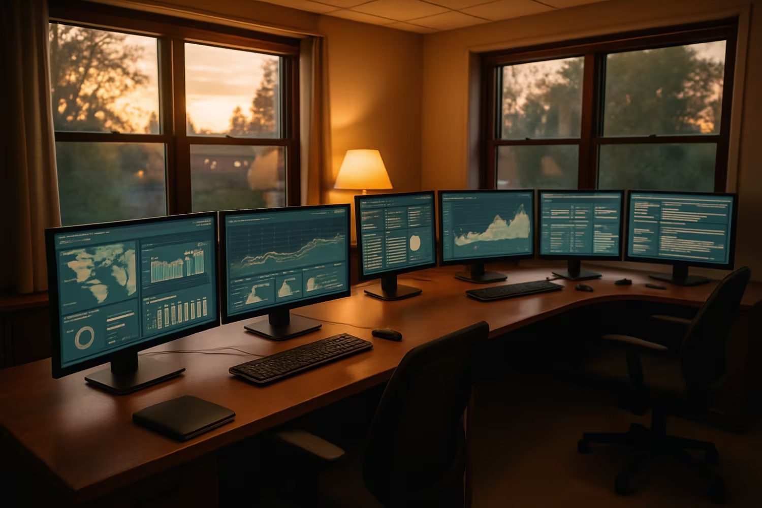 Warmly-lit SIEM control room panorama