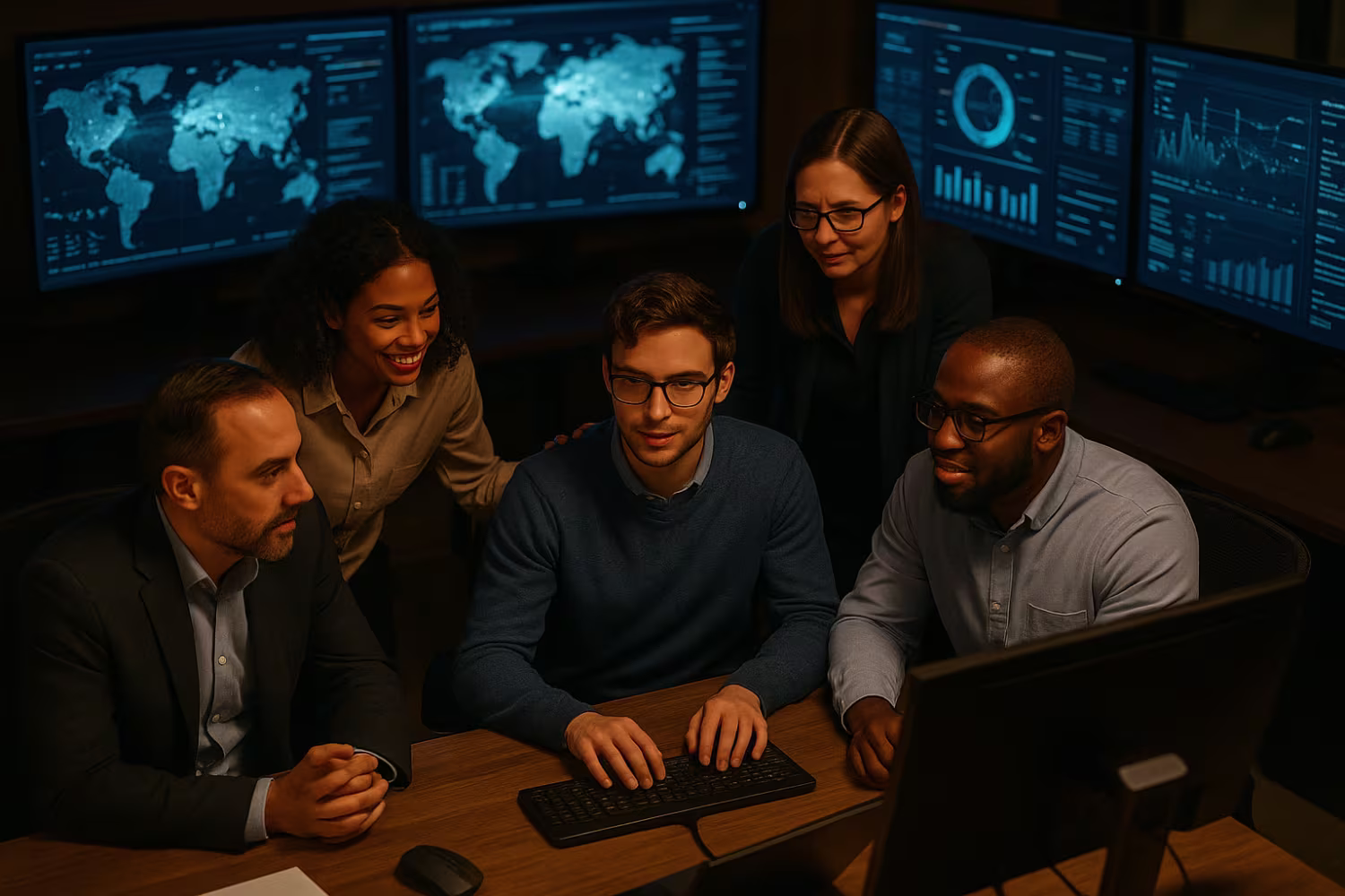 Professionals analyzing DDoS attack data