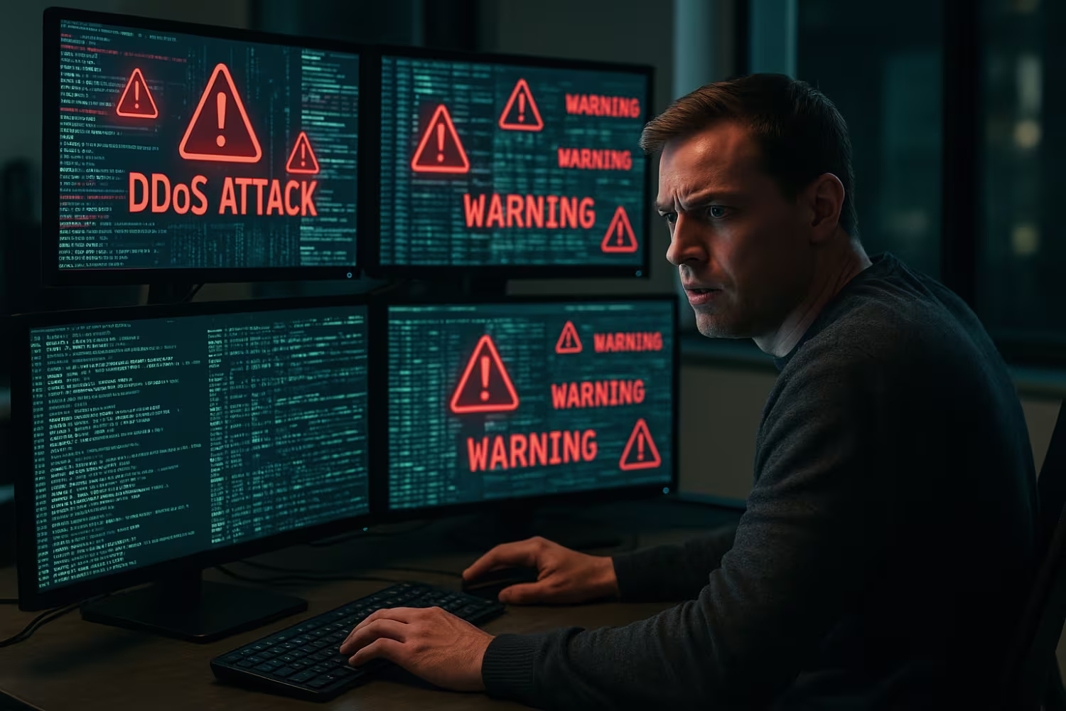 Network administrator handling DDoS attack