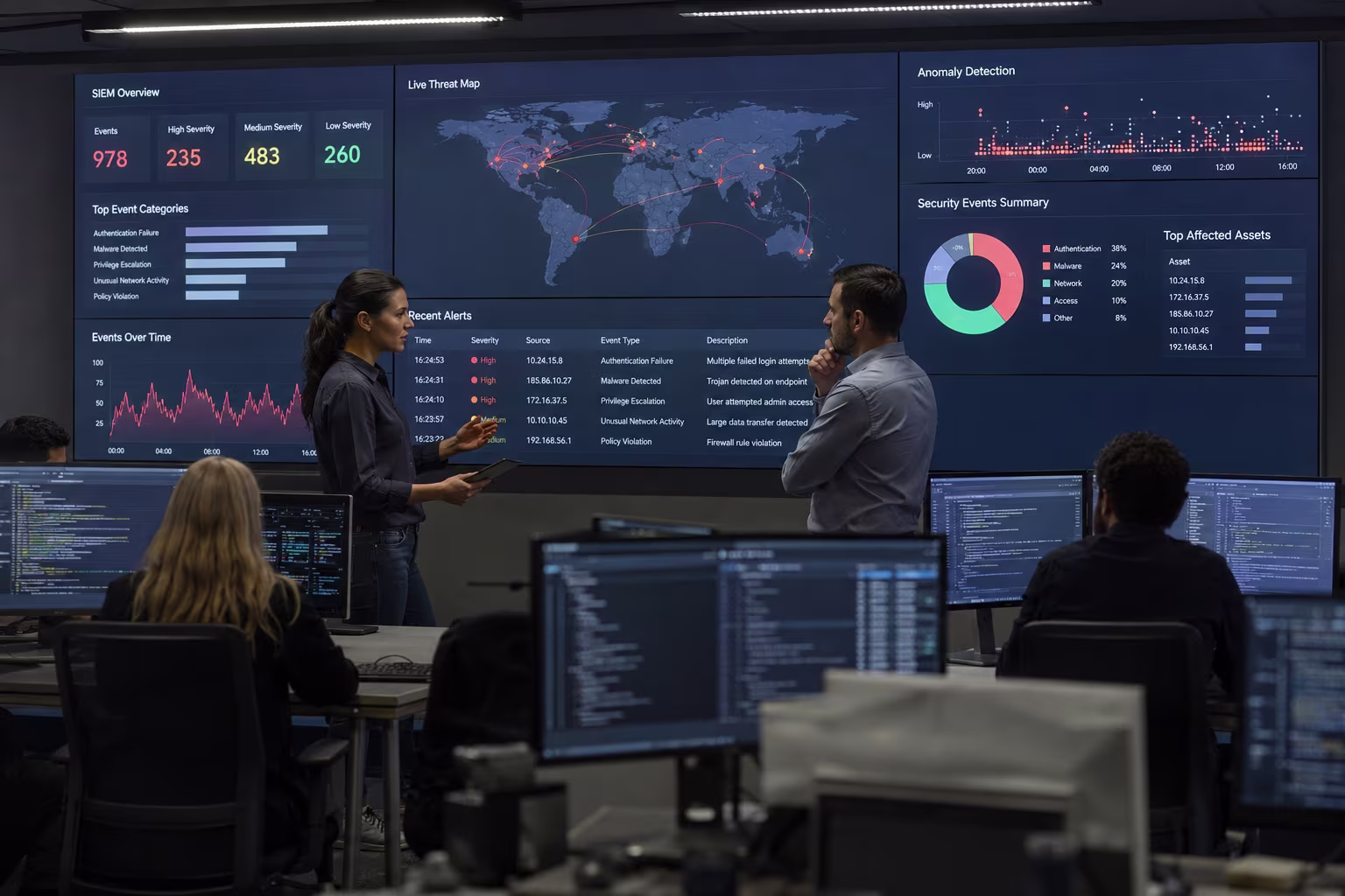 Diverse IT team analyzing SIEM dashboard