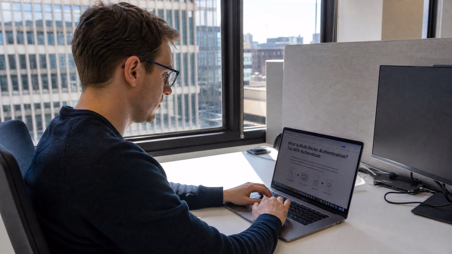 WINDOW SEAT LAPTOP An IT professional  one person working on a laptop at a de