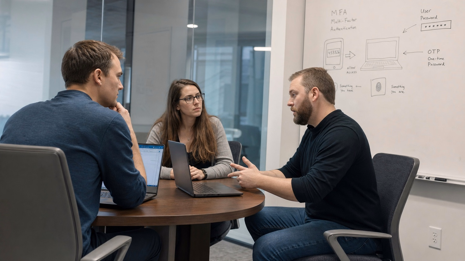SMALL CONFERENCE ROOM An IT professional  three people seated around a small