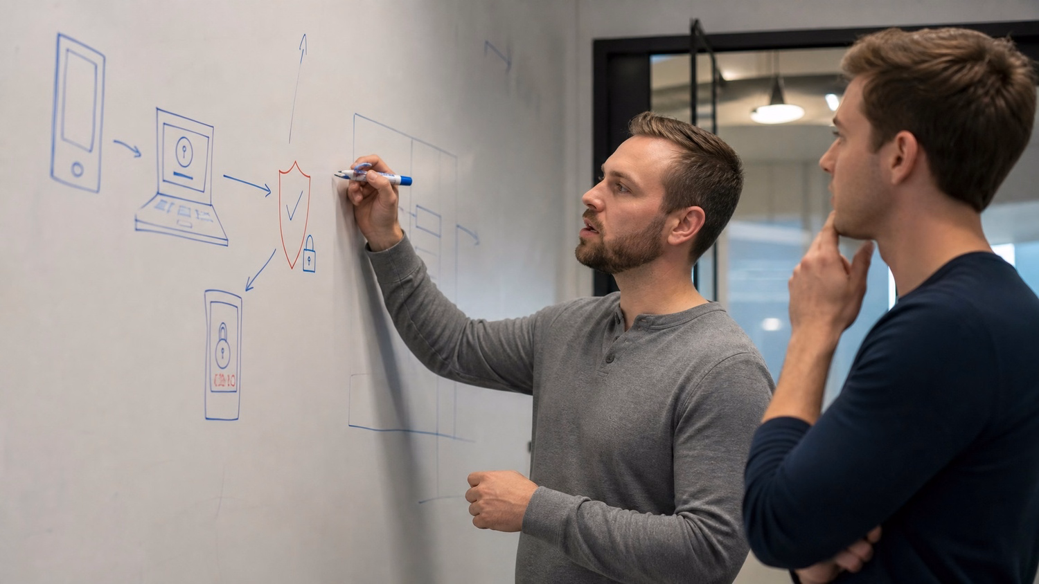 WHITEBOARD SESSION An IT professional  one or two people standing at a whiteb