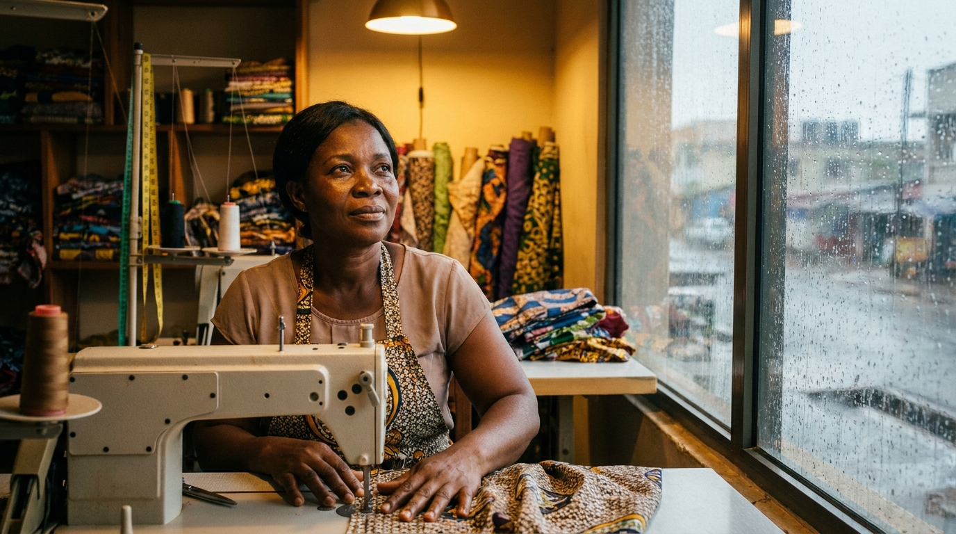 A Ghanaian tailor working calmly in her workshop with rain outside — protected by Fido Climate Disaster Insurance