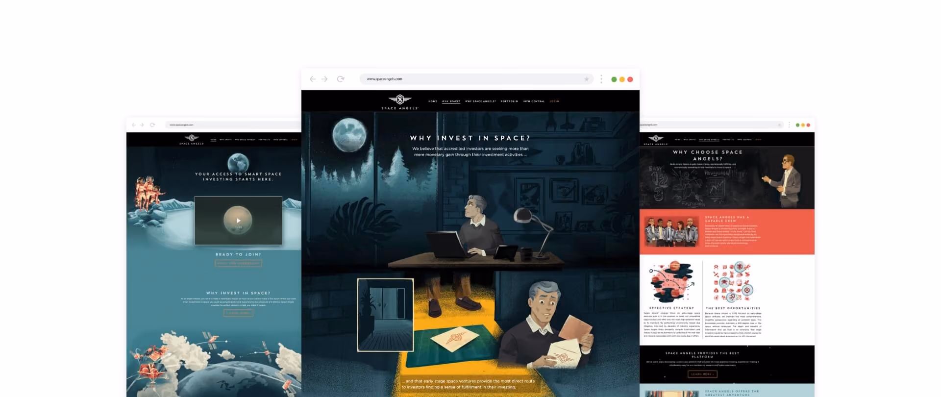 three screens of a website with a woman sitting at a desk