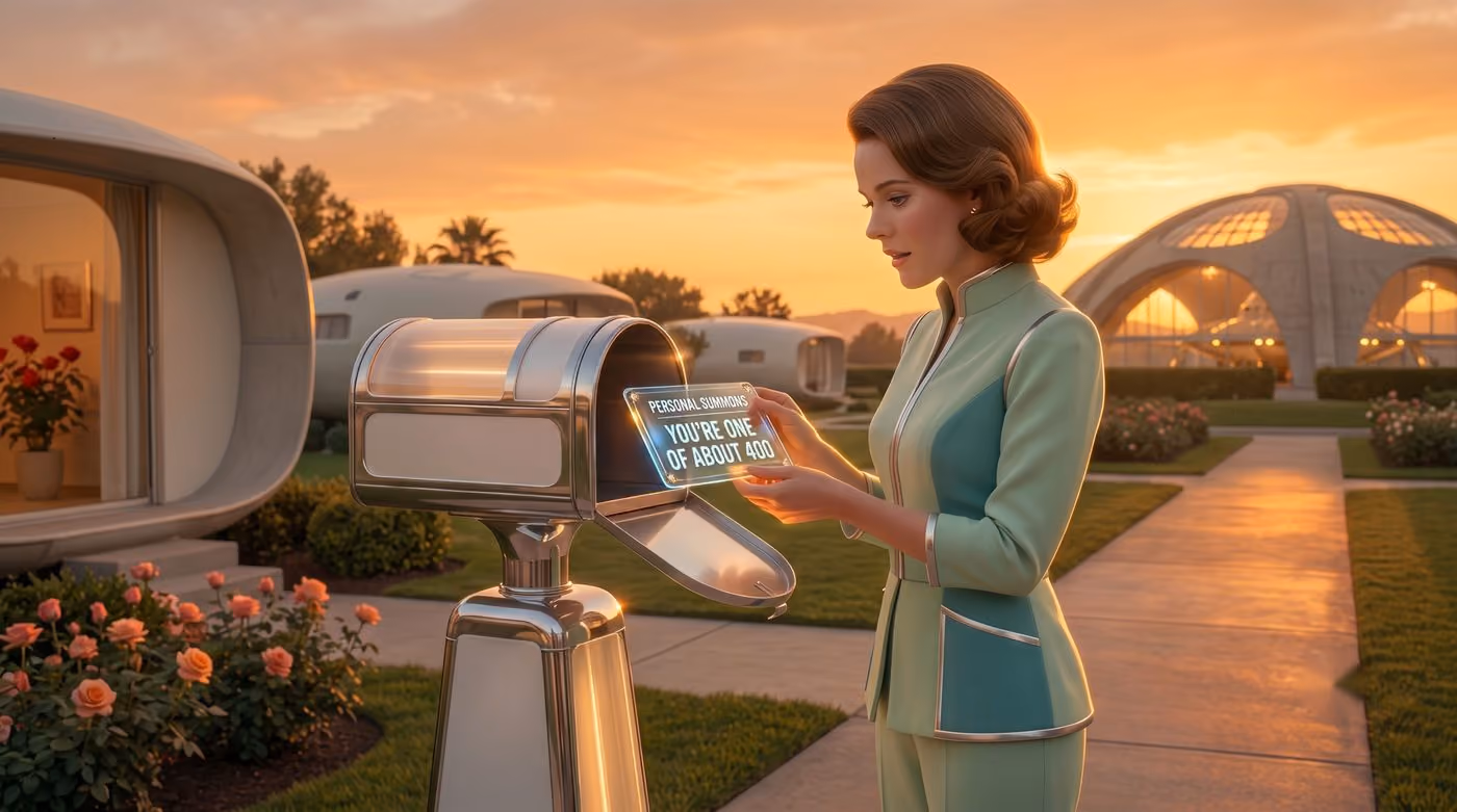 Frame 3: a woman reading a glowing card at a chrome mailbox