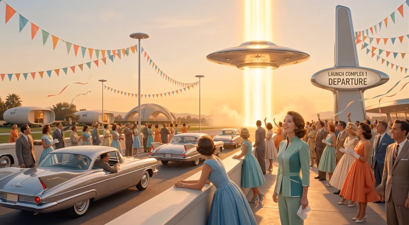 Frame 1: the launch crowd under a rising chrome saucer