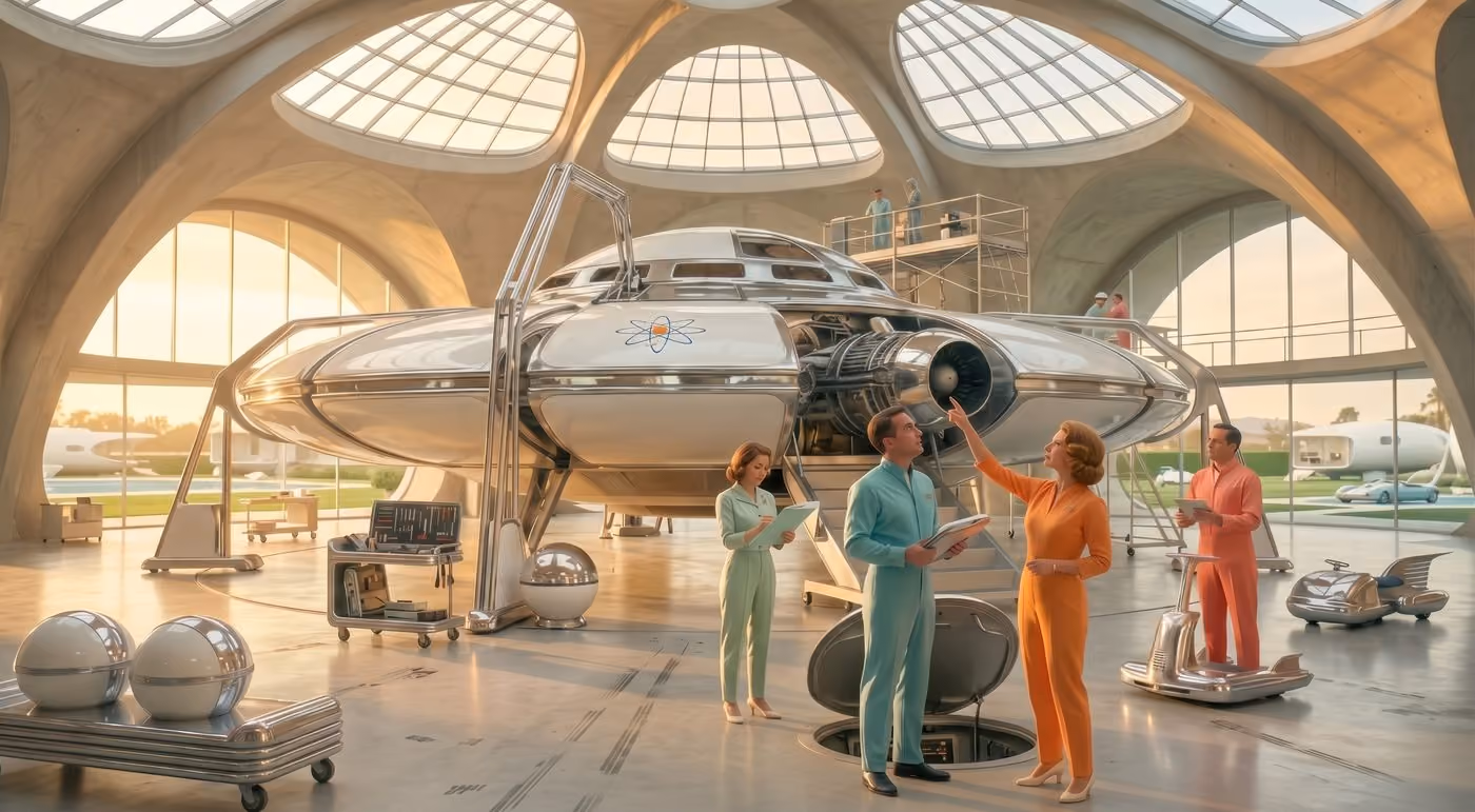 Frame 2: the hangar crew around a chrome craft