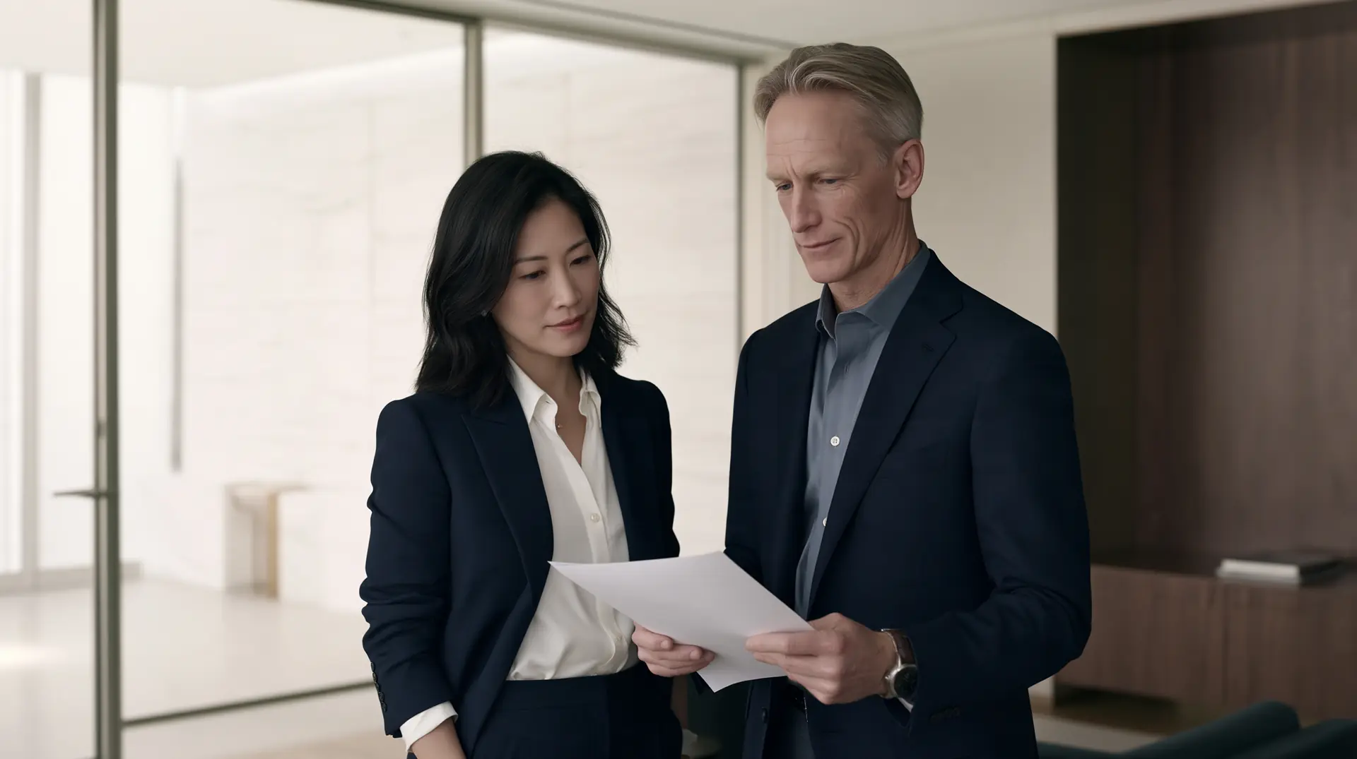 Two senior people stand together in a quiet office, reading the same single page.