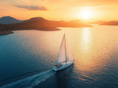 Sailing boat on the ocean at sunset.