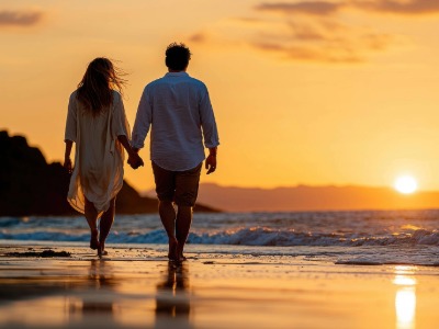 A couple holding hands on a beach at sunset.