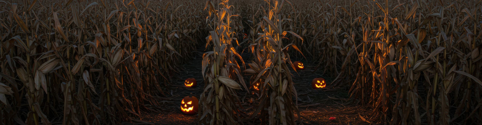 Halloween corn maze with glowing jack-o'-lanterns at dusk.