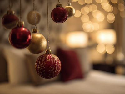 Gold and red Christmas baubles hanging with bokeh lights at The Esplanade Hotel Llandudno.