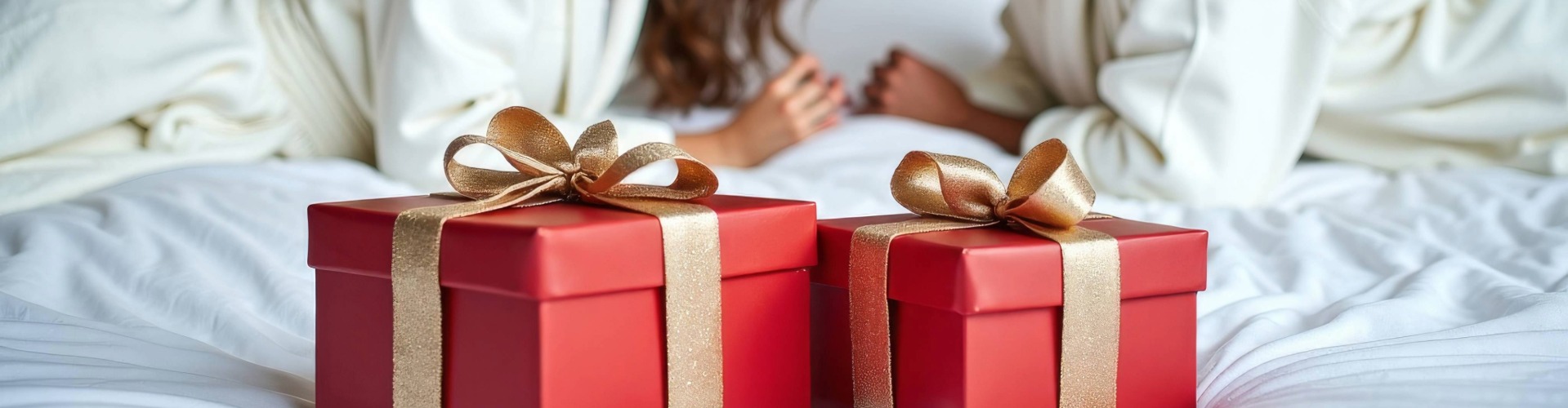 Two wrapped Christmas gift boxes with gold ribbons on hotel bed at The Esplanade Llandudno.