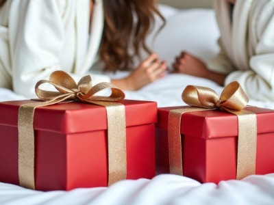 Two wrapped Christmas gift boxes with gold ribbons on hotel bed at The Esplanade Llandudno.