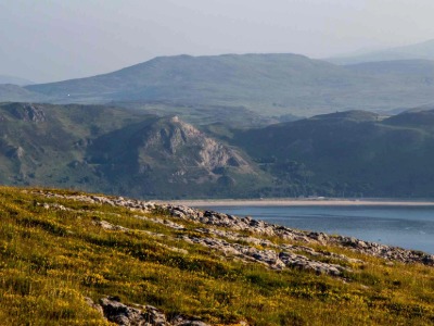Panoramic view of the North Wales coastline and Snowdonia mountains from the Great Orme, Llandudno.