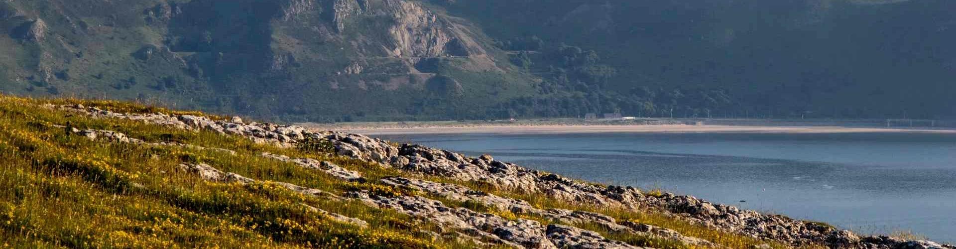 Panoramic view of the North Wales coastline and Snowdonia mountains from the Great Orme, Llandudno.