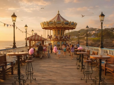Victorian carousel and families on Llandudno promenade at sunset during the Extravaganza