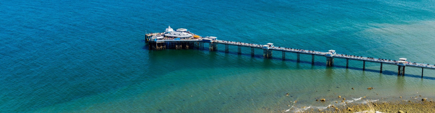 Aerial view of Llandudno Pier and Victorian pavilion over turquoise waters on a summer day