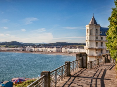 Sunny view of Llandudno seafront and promenade from the Great Orme headland in North Wales, UK