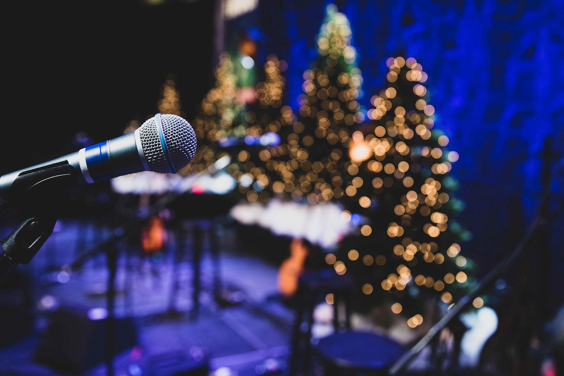 Close up of microphone on christmas stage