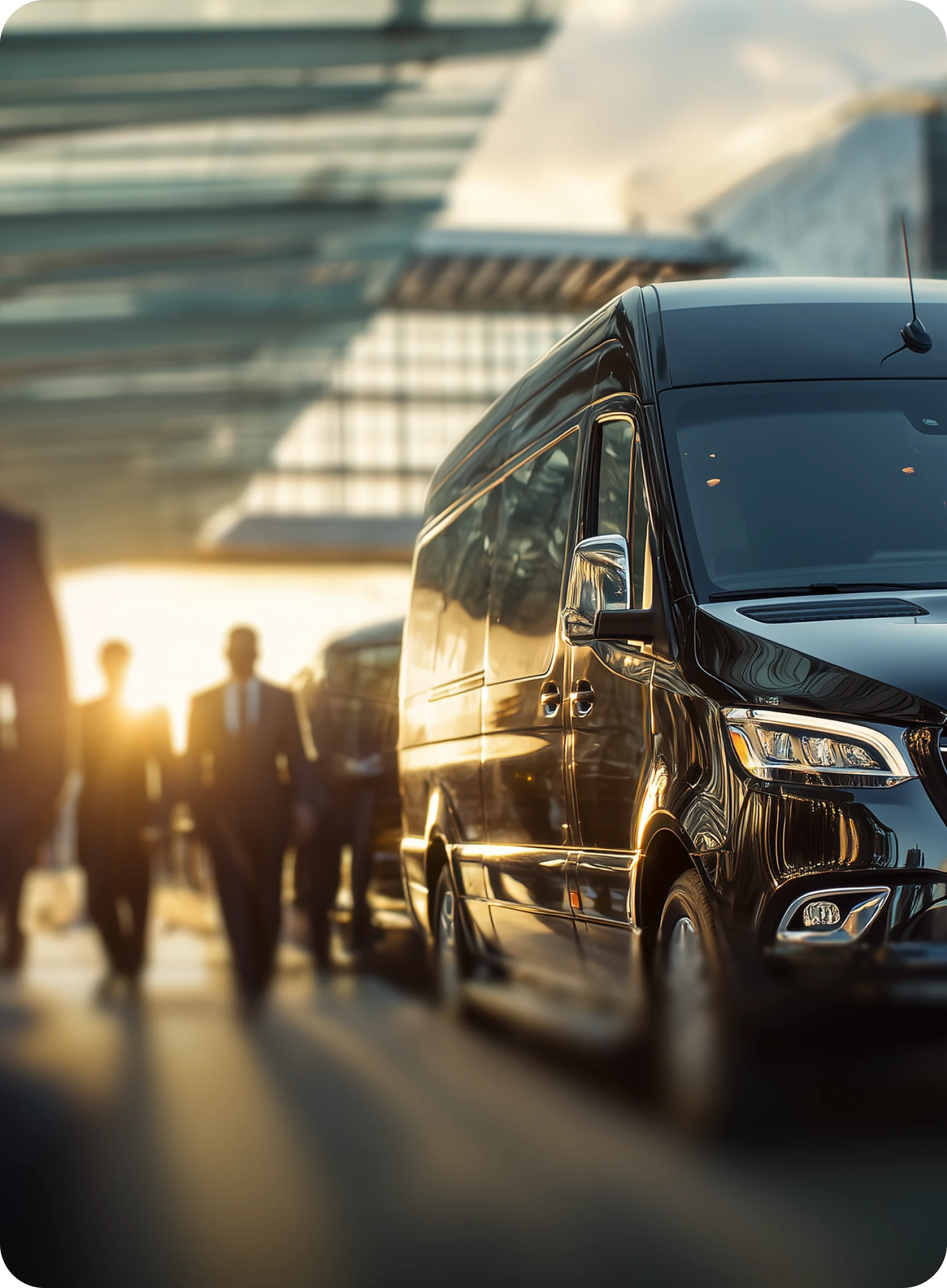 Professional ground transportation for corporate events: A fleet of black executive vans providing chauffeured services for business travelers at dusk.